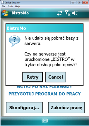 Podczas pierwszego uruchomienia Bistro Mobilne poprosi o przeprowadzenie konfiguracji. To co konieczne jest do ustawienia, to adres IP serwera FTP wraz z ewentualnym katalogiem wymiany (np. ftp://192.