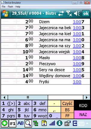 Klawiaturka umożliwia wyszukiwanie po początkowych znakach nazwy (jeżeli pole NAZ jest zaznaczone na czarno) lub po kodzie towaru (jeżeli pole KOD jest zaznaczone na czarno).