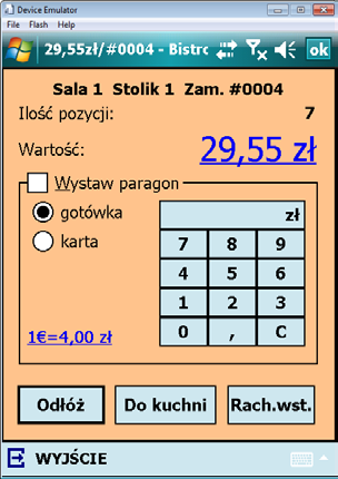 Ikona zatwierdzania zamówienia umożliwia zatwierdzenie zamówienia na cztery sposoby: Odłóż wyjście z zamówienia bez wysłania do kuchni.