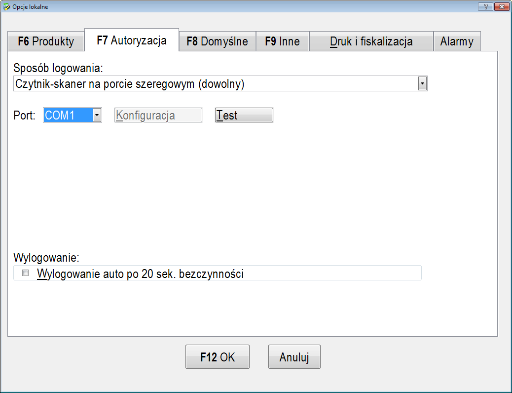 Zakładka F7 Autoryzacja Logowanie opcja umożliwia ustawienie sposobu autoryzacji kelnerów do stanowiska sprzedaży/zamawiania.