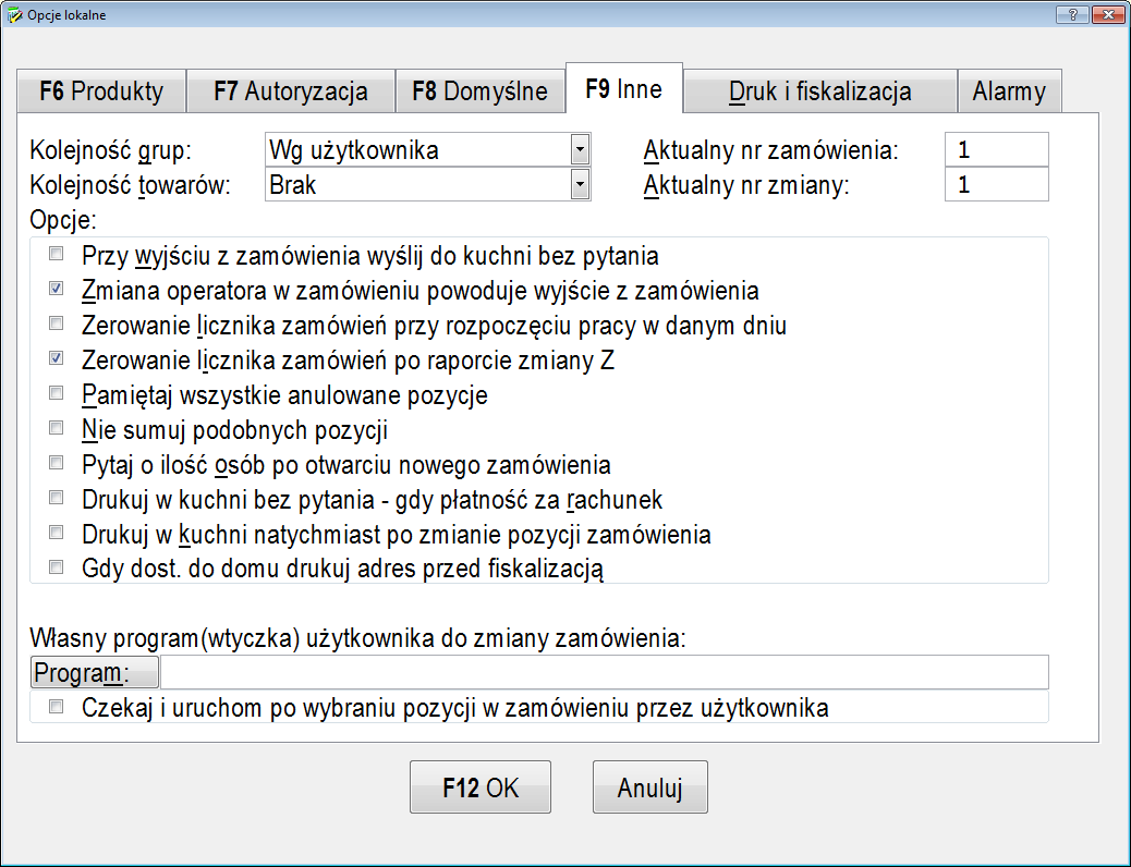 Program uruchamiany po wejściu/wyjściu do zamówienia Opcja umożliwia wpisanie ścieżki do zewnętrznego programu mogącego wpłynąć na modyfikację zamówienia.