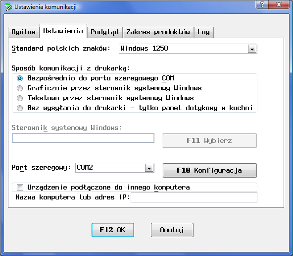Zakładka Ustawienia Standard polskich znaków strona kodowa polskich znaków w drukarce. Sposób komunikacji z drukarką Należy w pierwszej kolejności ustawić Bezpośrednio do portu szeregowego COM.