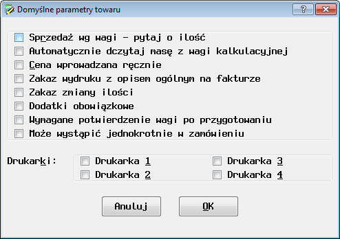 Definiowanie produktów funkcje pomocnicze Domyślnie opcja służy do ustalenia domyślnych parametrów nowo wpisywanych produktów.