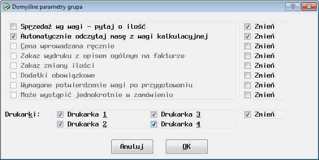 Domyślnie grupa opcja ustawia wybranej grupie domyślne parametry ustawione o poprzedniej opcji (Domyślnie). Celem opcji jest łatwa zmiana parametrów całej grupy towarów.