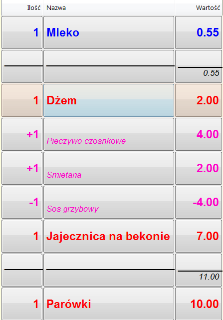 Lista zamówionych produktów Zamawiane produkty pojawiają się po kolei w liście zamówienia.