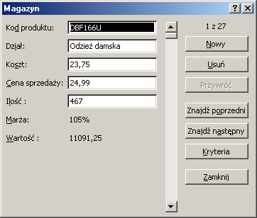 5. Formularze Formularz jest to specjalne okno dialogowe, tworzone na podstawie nagłówków pól danych, którego zadaniem jest ułatwienie wprowadzania, edycji, usuwania i wyszukiwania rekordów bazy