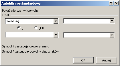 o 10 pierwszych rekordów spełniających zadane kryterium Dla wybranej kolumny z listy rozwijanej Autofiltr wybierz opcję (10 pierwszych) Rysunek 3-10 Okno dialogowe Autofiltr 10 pierwszych o Na