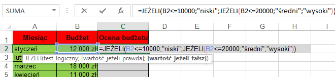 Zad.3. Funkcja logiczna Jeżeli >>> przejdź do arkusza f_jeżeli01. Uzupełnij brakujące formuły funkcji 3.a. Wprowadź formuły dokonujące oceny budżetu w taki sposób, aby w kolumnie C automatycznie