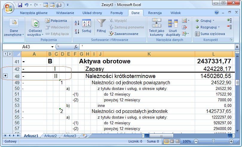 Filozofia modułu 1 16 Rys. 1-16 Fragment arkusza ze zwiniętą grupą danych. Funkcję przełącznika rozwijającego i zwijającego grupę danych pełni przycisk przy zwiniętej grupie lub przy rozwiniętej.