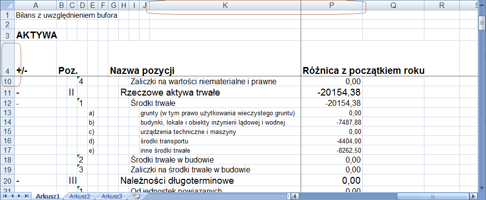 Filozofia modułu 1 17 Rys. 1-17 Fragment arkusza z zablokowanymi kolumnami i wierszami.