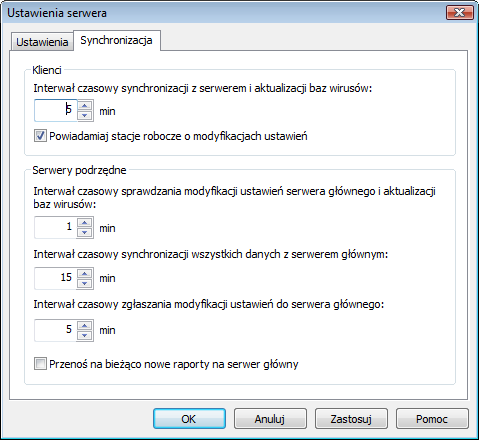 42 Podręcznik G DATA ClientSecurity Business 5.3.2.4.4.2 Synchronizacja Ta zakładka umożliwia zdefiniowanie parametrów dotyczących komunikacji między Klientami, Serwerami podrzędnymi i Serwerem głównym programu G DATA ClientSecurity Business.