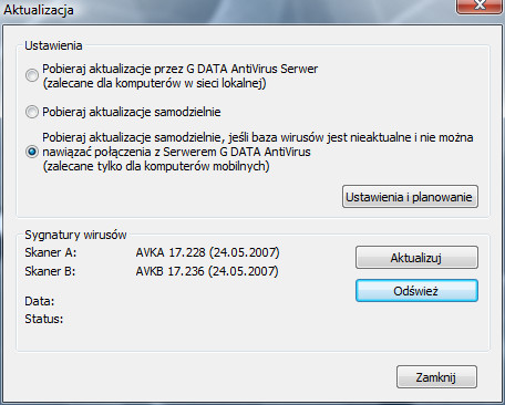74 6.4 Podręcznik G DATA ClientSecurity Business Aktualizacja Uwaga: Ta pozycja jest dostępna tylko wtedy, gdy umożliwi to administrator.