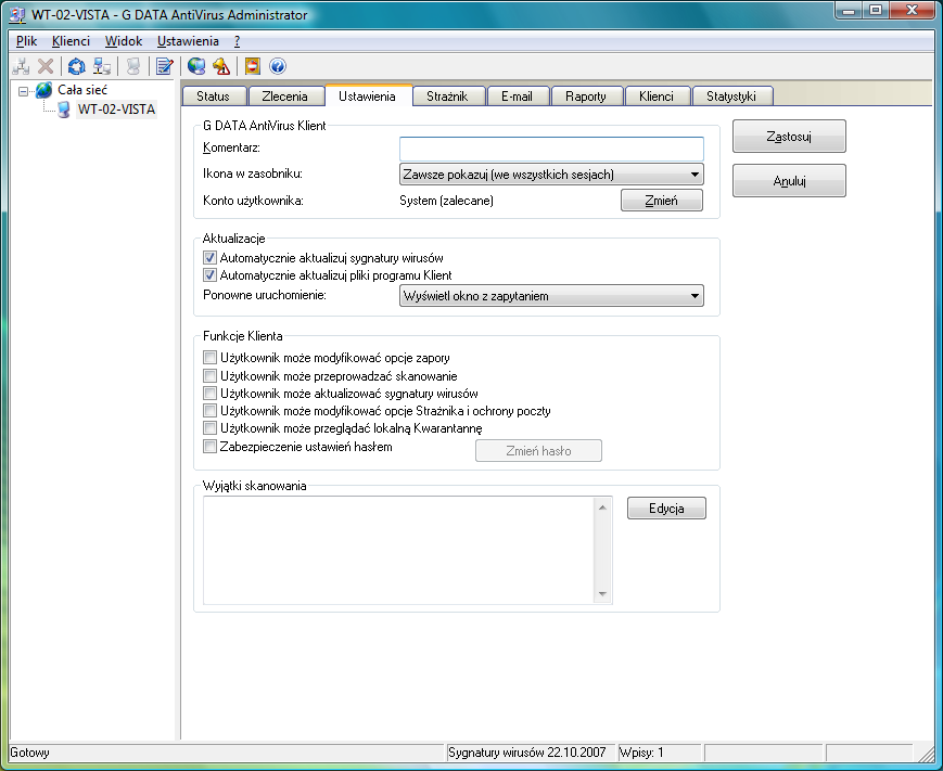 Klient G DATA Firewall 7.4 7.4.1 79 Widok Status Ogólne informacje Widok Status programu Firewall zawiera podstawowe informacje na temat aktualnego stanu zapory. Zapora skonfigurowana optymalnie.