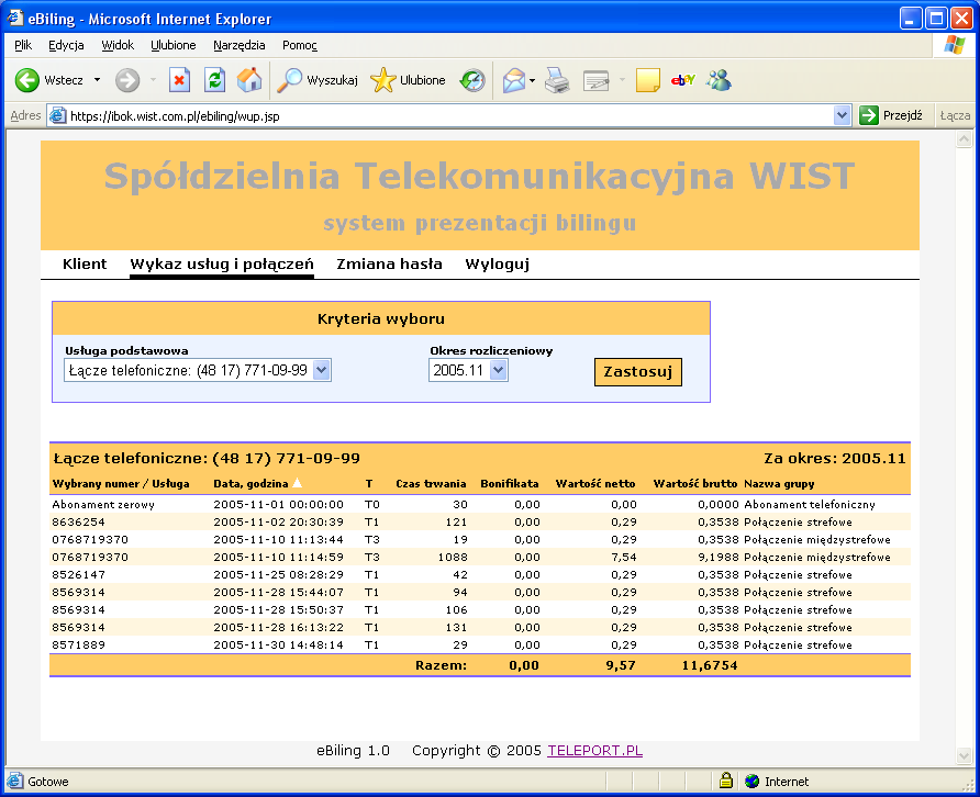 Aplikacja internetowa ebiling 1.3. Prezentacja szczegółowego wykazu usług i połączeń.