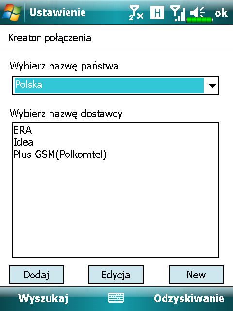 Dotknij, Ustawienia, zakładka Połączenia, Kreator połączeń. 1. Wybierz z listy nazwę kraju. 2. Wybierz z listy nazwę dostawcy usług. 3.