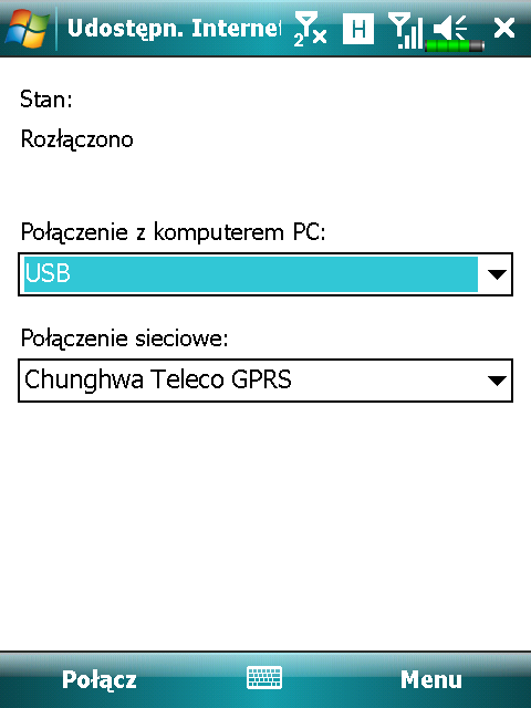 Udostępnianie Internetu Dotknij, Programy, a potem Udostępnianie Internetu. Ta funkcja udostępnia funkcję symulacji modemu, umożliwiającą połączenie komputera Pocket PC z komputerem PC.