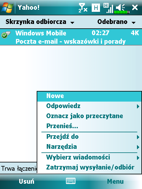 W folderze Skrzynka odbiorcza można stuknąć i przytrzymać wiadomość w celu wyświetlenia listy czynności; opcje dostępne dla danej wiadomości to Usuń, Odpowiedz lub