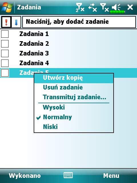 Zadania: Lista rzeczy do zrobienia Używaj Zadań, aby kontrolować rzeczy, które masz do zrobienia. ❶ ❷ ❸ ❹ ❺ ❶Oznacza wysoki priorytet. ❷Dotknij, aby wyświetlić lub edytować szczegóły zadań.