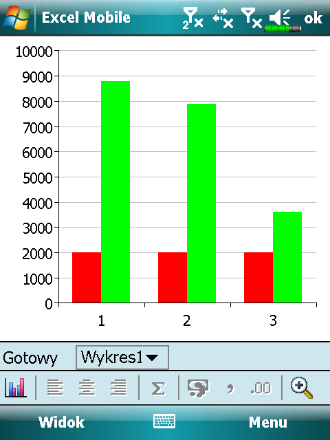 Excel Mobile zawiera najważniejsze narzędzia arkuszy, takie jak wzory, funkcje, sortowanie i filtrowanie. Aby wyświetlić pasek narzędzi, dotknij Przeglądaj, a potem zaznacz Pasek narzędzi.