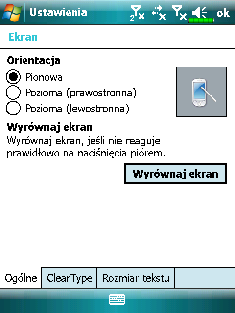 2 Korzystanie z Pocket PC / Start Ekran Dotknij, Ustawienia, zakładka System, a następnie Ekran. Przy pierwszym uruchomieniu lub zimnym starcie system Pocket PC poprosi Cię o ustawienie ekranu.