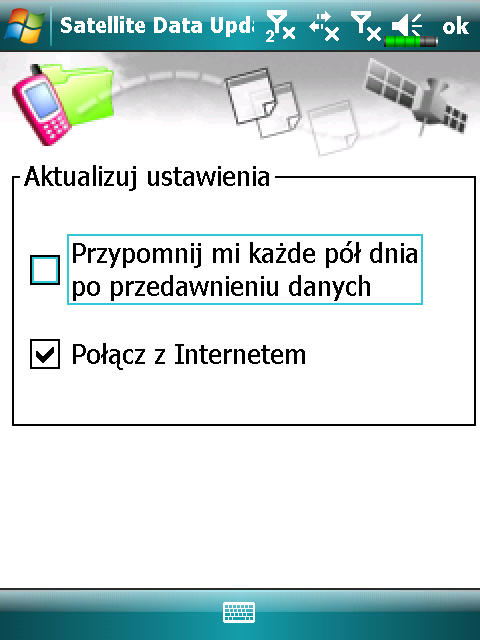 Dotknij przycisku Pobieranie i ręcznie aktualizuj dane GPS. Rysunek po lewej pokazuje, jak pobierać dane używając połączenia synchronizującego.