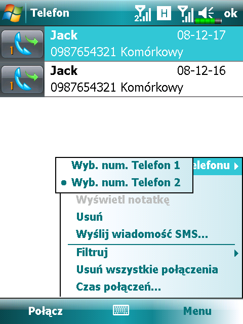 Nawiązywanie połączenia w aplikacji Historia połączeń Na ekranie Telefon stuknij pozycję Hist. Poł.. 1.