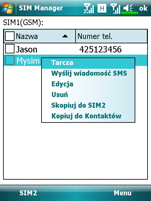 Zmiana trybu wyświetlania Tryb wyświetlania aplikacji SIM Manager (Menedżer SIM) można zmienić na Standardowa, kontakty SIM1, kontakty SIM2 i Kontakt (Kontakty prog ramu Outlook).