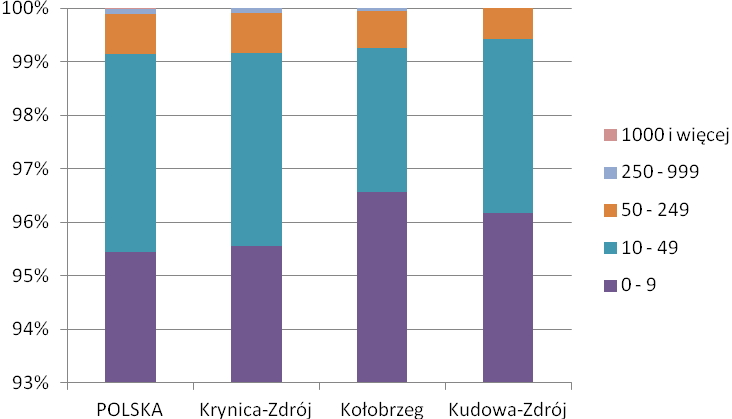 dominują podmioty zatrudniające do 9 osób. Struktura ta wykazuje nieco większe podobieństwo do struktury w całym kraju niż u konkurentów, chociaż różnica jest duża.