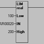 Blok funkcyjny granicy (LIM) Granica (Int) Granica (Dint) Granica (Real) Blok funkcyjny LIM (Limens) porównuje czy wartość IN mieście się w zadanym zakresie Low i High.
