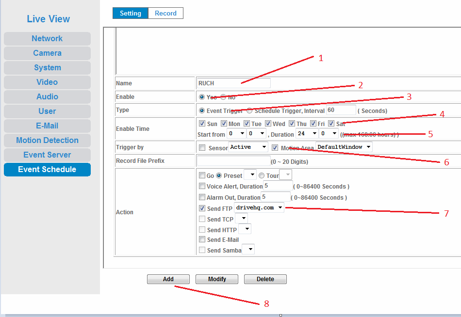 1 Name - Nazwa naszej Akcji 2 - Enable włączamy ją 3 - TYPE Event Triger ( będzie wyzwalana kiedy wywołany zostanie alarm ) 4 - Enable Time kiedy ma funkcja działać zaznaczono wszystkie dni tygodnia