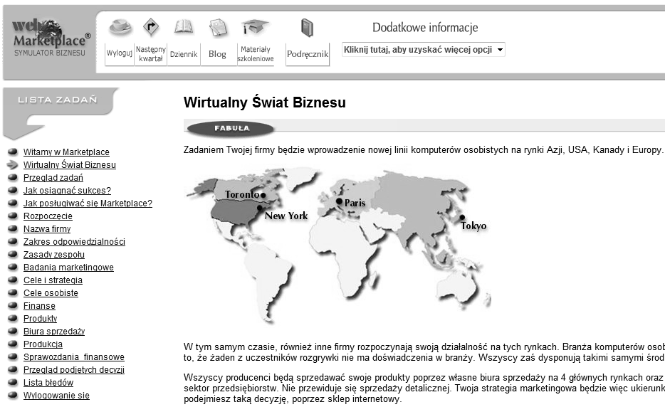 Wykorzystanie gier symulacyjnych w rozwoju kompetencji zawodowych 379 Rys. 1. Strona startowa gry Marketplace Business Simulation po zalogowaniu się studenta Źródło: www.marketplace.pl, 11.04.2012.