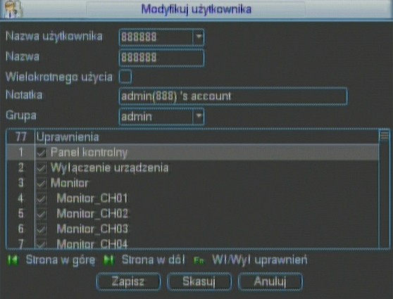 Uprawnienia główne są definiowane dla grupy a po przydzieleniu użytkownika do grupy można dodatkowo wprowadzać indywidualne ograniczenia. System nie zawiera ograniczeń w ilości grup i użytkowników.