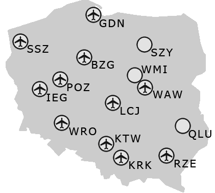 Rysunek 1. Rozmieszczenie polskich portów lotniczych obsługujących ruch pasażerski w roku 2011 oraz portów, których uruchomienie planowane jest na rok 2012.