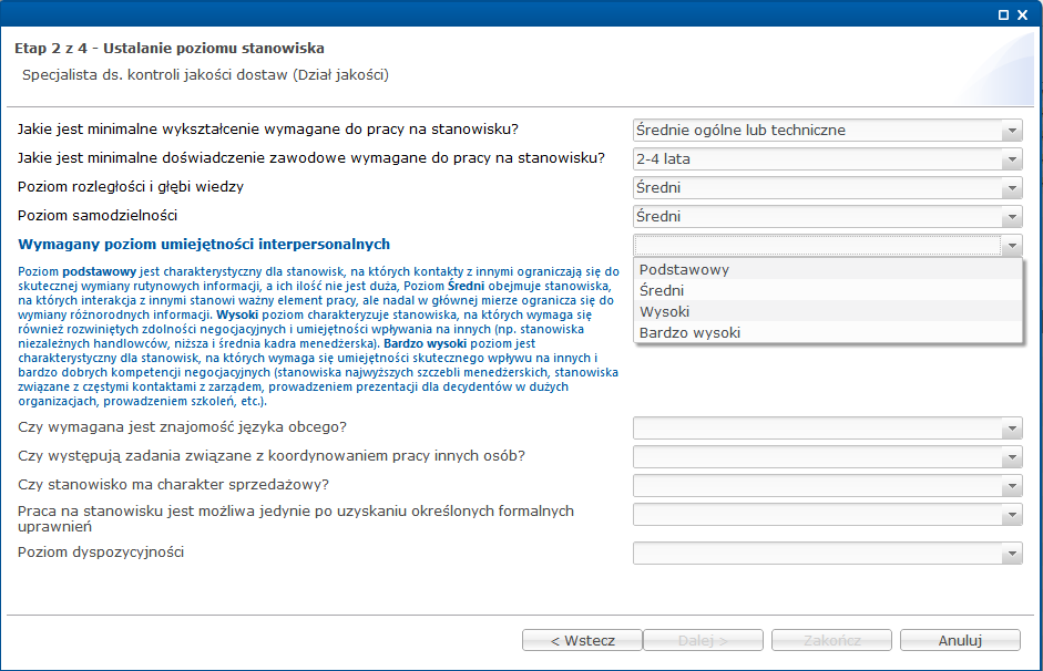 Poniżej przykładowy zestaw pytań, na które należy odpowiedzieć, mapując stanowisko z poziomu specjalisty.