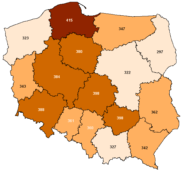 Mapa 1. Zachorowalność na nowotwory złośliwe w 2010 r. (na 100 tys. ludności) Uwzględniając rodzaje nowotworów wykrytych w ciągu 2010 r.