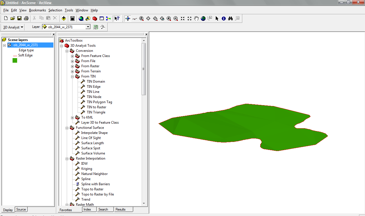 wektoryzację, a wysokości wpisano w polu atrybutów. W programie ArcScene stworzono TIN (Tool Bars> 3D analysis Tools, Create / Modify TIN), na podstawie wcześniej stworzonych punktów wysokościowych.