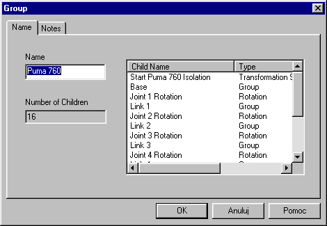 Group pozwala zgrupować na niższym poziomie struktury poszczególne część robota np. dotyczące podstawy, ramienia, nadgarstka itd. Name pozwala nazwać daną grupę np.