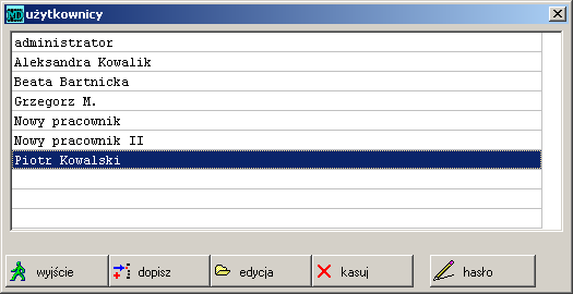 3.3 Użytkownicy 39 Rysunek 3.5: Lista użytkowników 3.3.1 Dane o użytkowniku Zmiana danych użytkownika oraz dodanie nowego odbywa się przy pomocy dwóch przycisków.