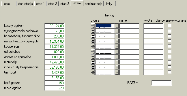 4.2 Tematy 70 Razem Pola o tej samej nazwie z etapów 1, 2, 3 są automatycznie sumowane i przedstawione w jednym okienku - zakładka razem. Rysunek 4.