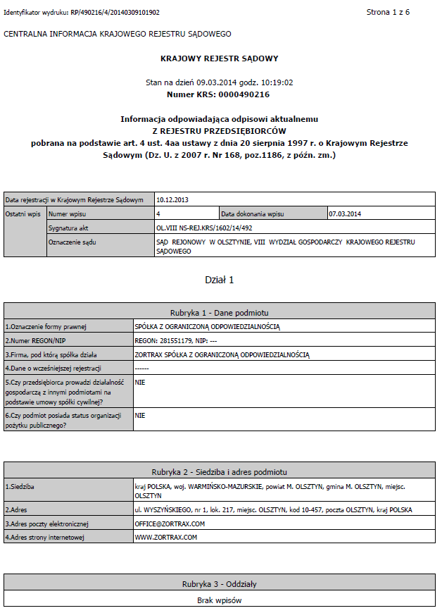 Memorandum informacyjne Zortrax Sp. z o.o. Załączniki VI.