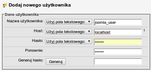 W przypadku naszego serwisu postąpimy podobnie i potraktujemy instalację Dodajmy nowe konto użytkownika, w moim wypadku o nazwie 'joomla_user'. joomla!