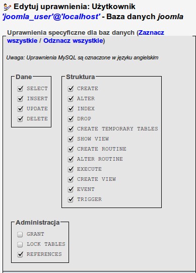 Teraz sprecyzuj uprawnienia użytkownika dla tej bazy i zatwierdź Aby się przekonać o