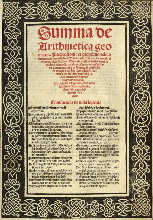 Luca Pacioli wydaje "Summa de arithmetica, geometria, proportioni et proportionalita Stworzenie całościowego podręcznika dla tych, którzy wiedzę