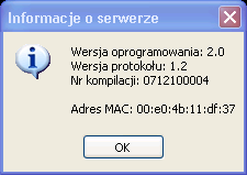 10. Operacje zdalne Ta opcja panelu administracyjnego służy do restartowania serwera sterowania SGM-5 i do wyświetlania informacji o serwerze, takich jak wersja oprogramowania i adres MAC interfejsu