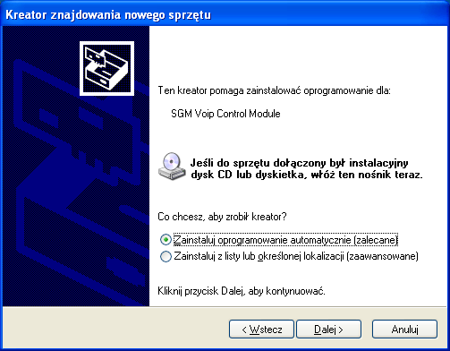 13. Instalacja klawiatury sprzętowej podłączonej do portu USB Klawiaturę nadawczą USB (urządzenie SGM Voip Control Module) należy podłączyć po raz pierwszy do komputera dopiero po zainstalowaniu