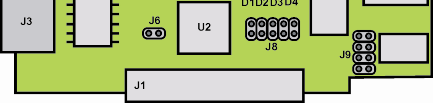 J1 - złącze podłączeniowe do płyty głównej lub karty rozszerzającej ( złącze jest zabezpieczone przed niepoprawnym podłączeniem poprzez nieuŝywane piny 5,6,7,8 ).