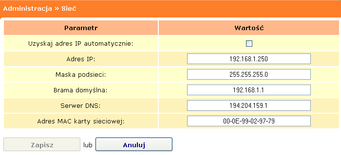 5.2. Konfiguracja interfejsu Ethernet (LAN) centrali Prima Ustawienia interfejsu Ethernet (LAN) centrali Prima dostępne są na stronie Sieć (menu Administracja).