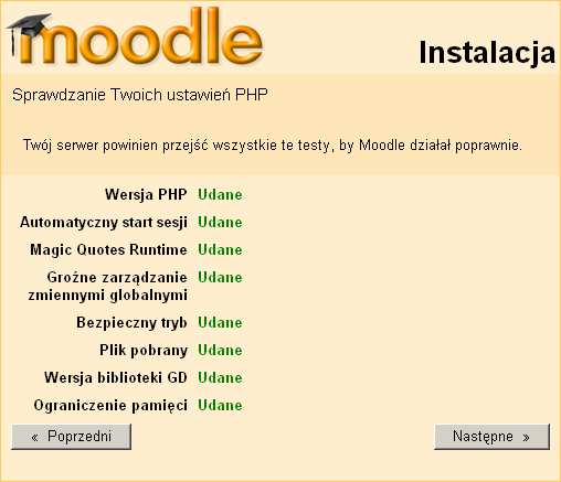 Rysunek 16. Okno sprawdzania ustawień PHP na serwerze 4. JeŜeli widać obraz jak na rysunku 16, to naleŝy kliknąć przycisk Następne. 5.