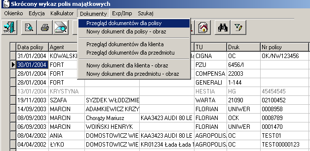 Na skróconym wykazie dokumentów widoczny jest: rodzaj dokumentu, rodzaj firmowy, nr dziennika, data utworzenia dokumentu oraz jego tytuł i dane TU, polisy klienta, do którego został przypisany.