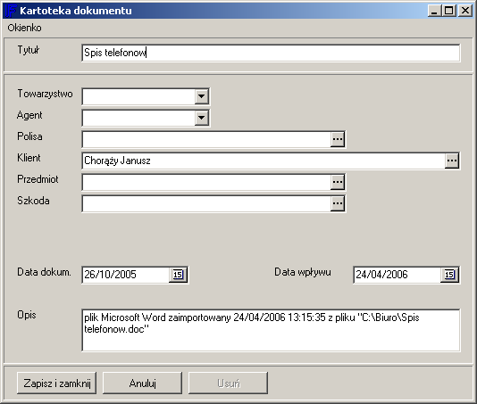 Po jego wskazaniu otworzy się kartoteka dokumentu w tytule wstawi się nazwa dokumentu z dysku, podepnie się wybrany wcześniej klienrt oraz uzupełniona zostanie data utworzenia dokumentu (data z